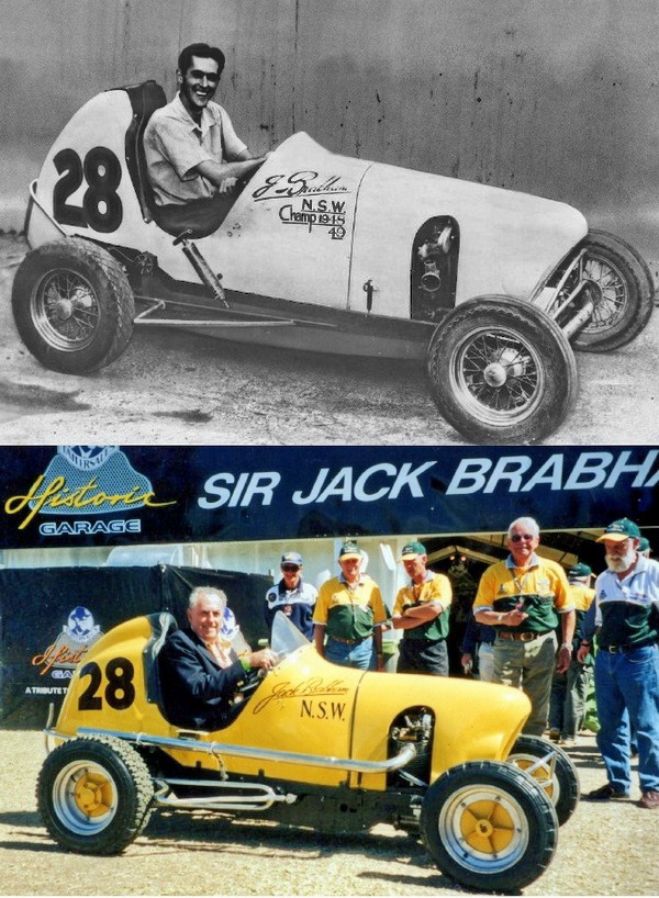 Jack Brabham con la sua Midget, ieri e oggi