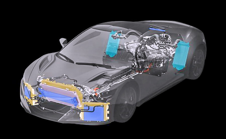 The NSX features an all-new power unit from a clean sheet design. At the rear, a mid-mounted longitudinal twin-turbo V6 engine is mated to a 9-speed DCT and a direct-drive electric motor attached directly to the crankshaft between them. At the front, a Twin Motor Unit directly drives the front wheels.